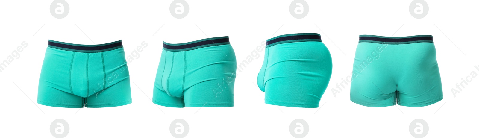 Turquoise menʼs underwear isolated on white, collage. Views from different sides Image of Turquoise menʼs underwear isolated on white, collage. Views from different sides