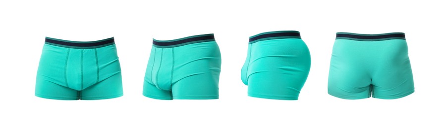 Image of Turquoise menʼs underwear isolated on white, collage. Views from different sides