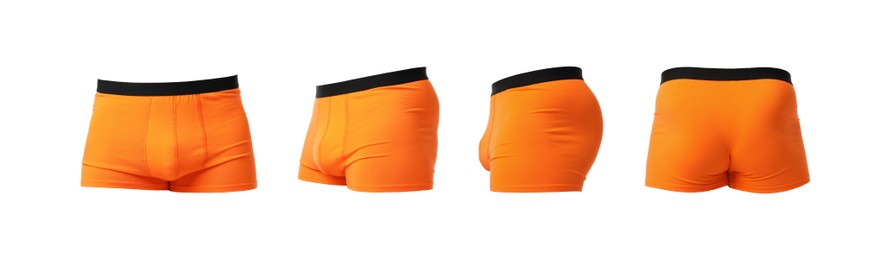 Image of Orange menʼs underwear isolated on white, collage. Views from different sides