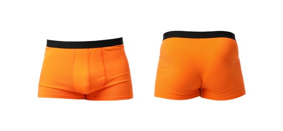 Image of Orange menʼs underwear isolated on white, collage. Back and front views