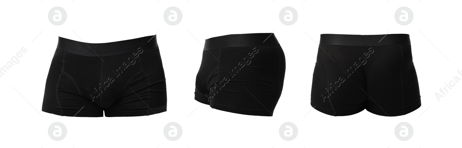 Black menʼs underwear isolated on white, collage. Views from different sides Image of Black menʼs underwear isolated on white, collage. Views from different sides