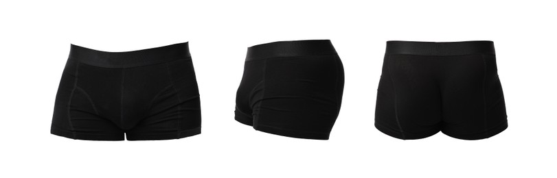 Image of Black menʼs underwear isolated on white, collage. Views from different sides