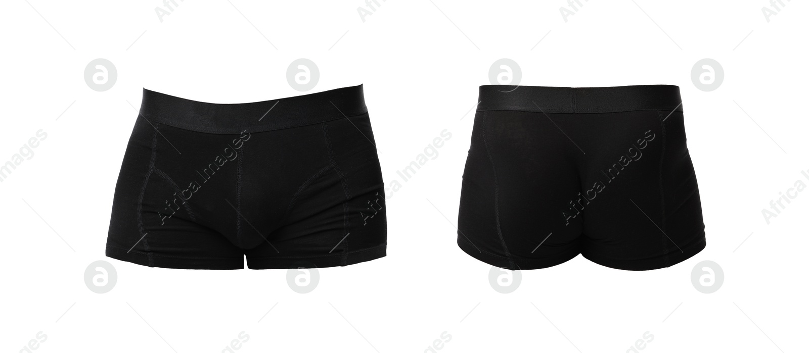Black menʼs underwear isolated on white, collage. Back and front views Image of Black menʼs underwear isolated on white, collage. Back and front views