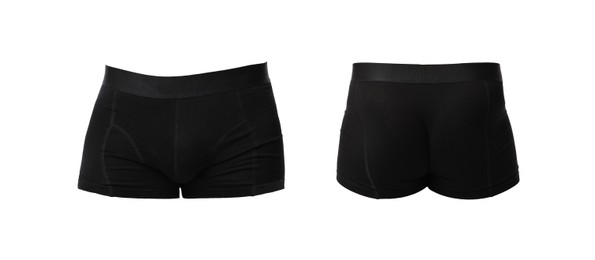Image of Black menʼs underwear isolated on white, collage. Back and front views