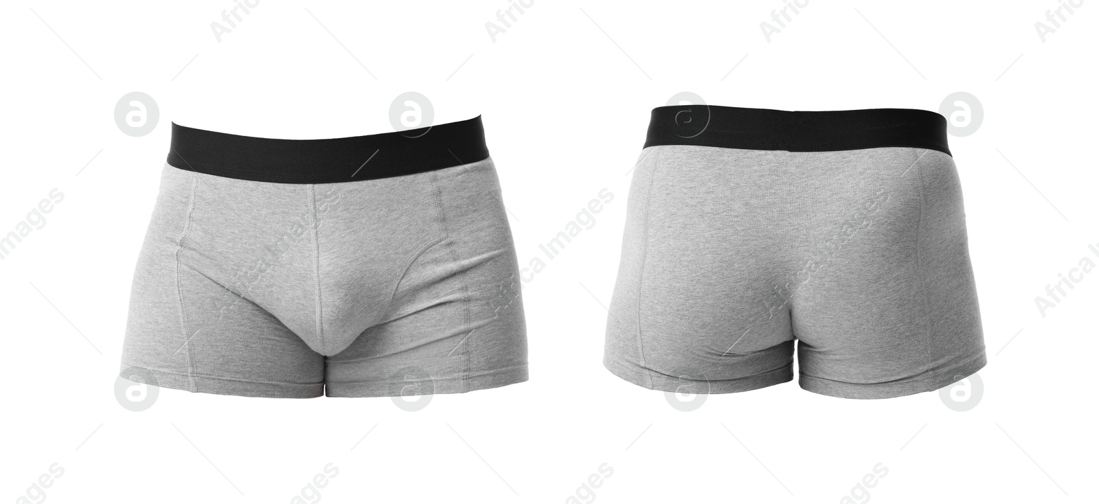 Grey menʼs underwear isolated on white, collage. Back and front views Image of Grey menʼs underwear isolated on white, collage. Back and front views