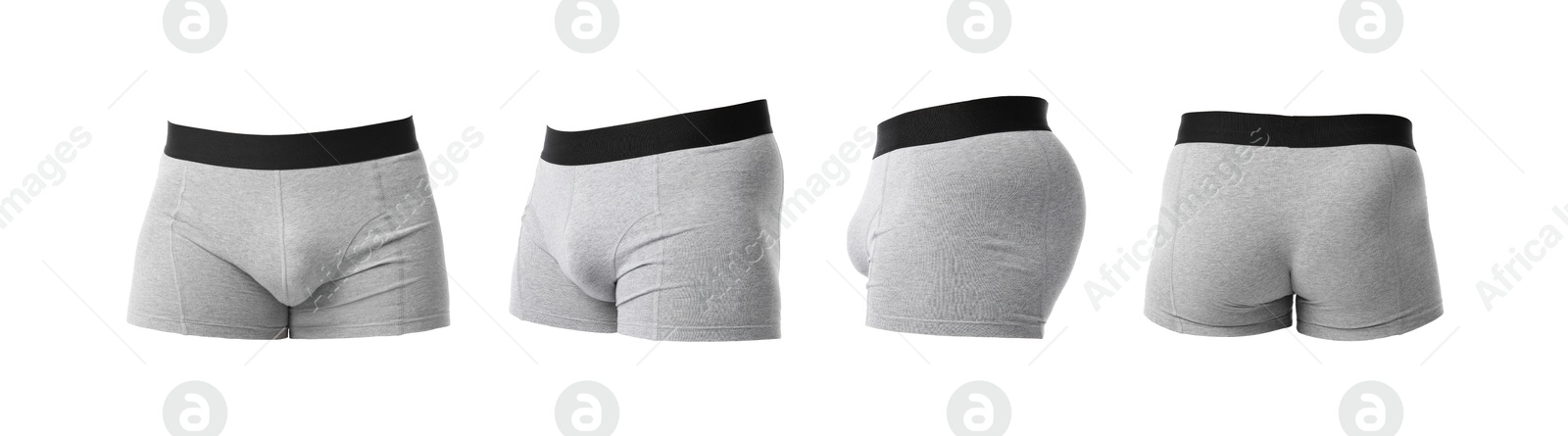 Grey menʼs underwear isolated on white, collage. Views from different sides Image of Grey menʼs underwear isolated on white, collage. Views from different sides