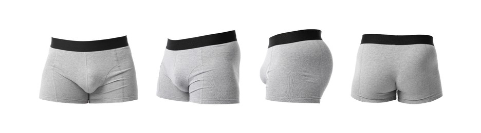 Image of Grey menʼs underwear isolated on white, collage. Views from different sides