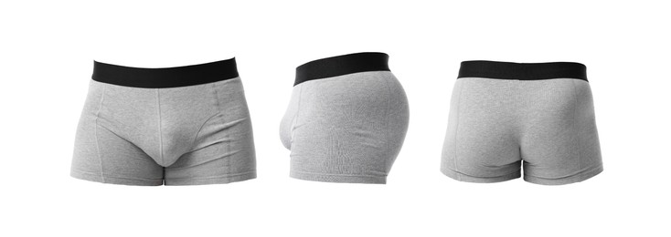 Image of Grey menʼs underwear isolated on white, collage. Views from different sides