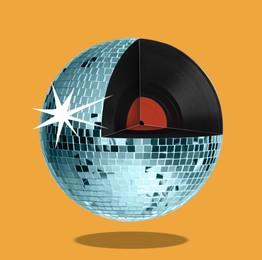 Image of Disco ball with vinyl record parts inside on orange background, creative collage