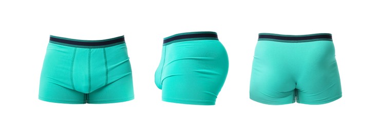 Image of Turquoise menʼs underwear isolated on white, collage. Views from different sides