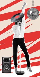 Image of Woman with vinyl record on head singing near disco ball on bright background, creative collage