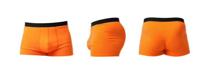 Image of Orange menʼs underwear isolated on white, collage. Views from different sides