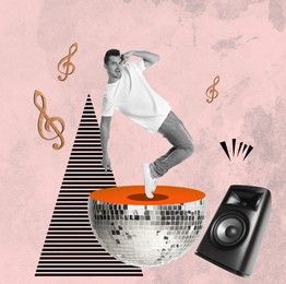 Image of Man dancing on halved disco ball against color background, creative collage