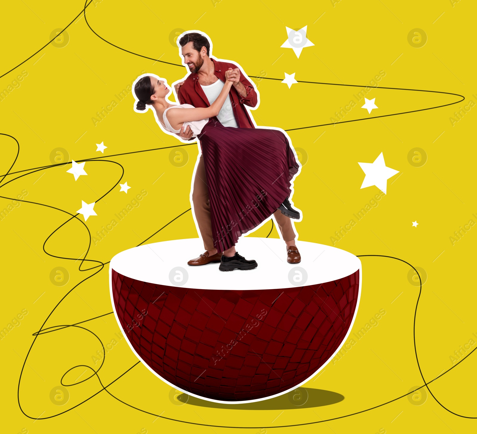 Couple dancing on halved disco ball against bright background, creative collage Image of Couple dancing on halved disco ball against bright background, creative collage