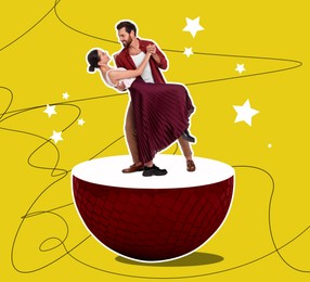 Image of Couple dancing on halved disco ball against bright background, creative collage