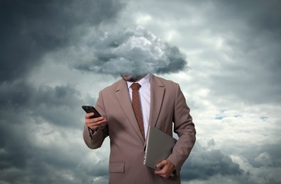 Image of Businessman with cloud instead of head using mobile phone against sky. Mental health