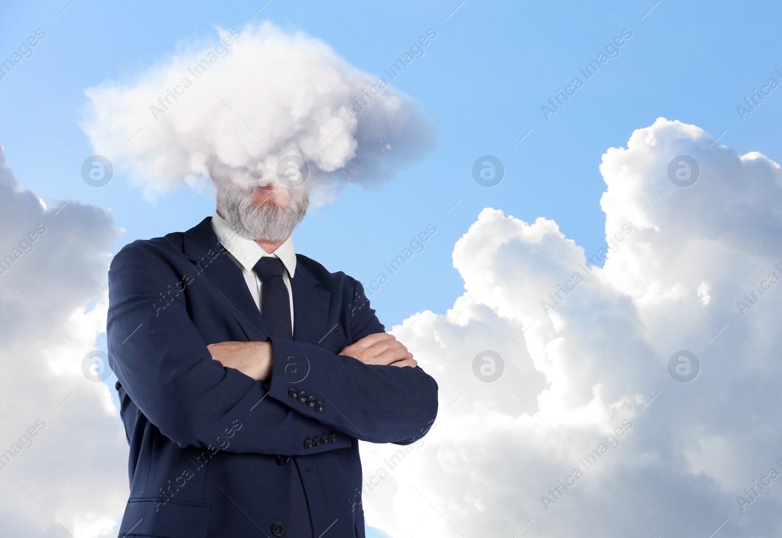 Businessman with cloud instead of head against sky. Mental health Image of Businessman with cloud instead of head against sky. Mental health