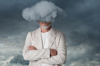 Image of Businessman with cloud instead of head against sky. Mental health