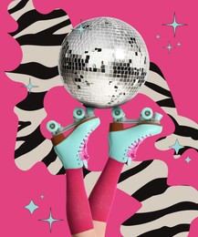 Image of Creative collage with shiny disco ball and woman wearing vintage roller skates on bright background