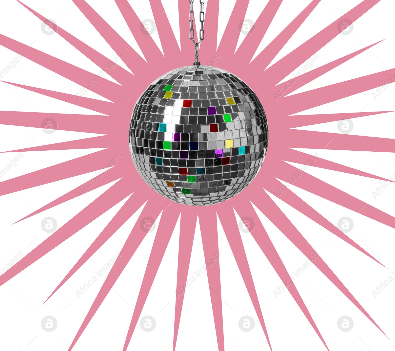 Shiny disco ball and drawn pink rays on white background, creative collage Image of Shiny disco ball and drawn pink rays on white background, creative collage