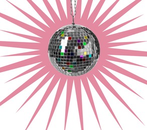 Image of Shiny disco ball and drawn pink rays on white background, creative collage