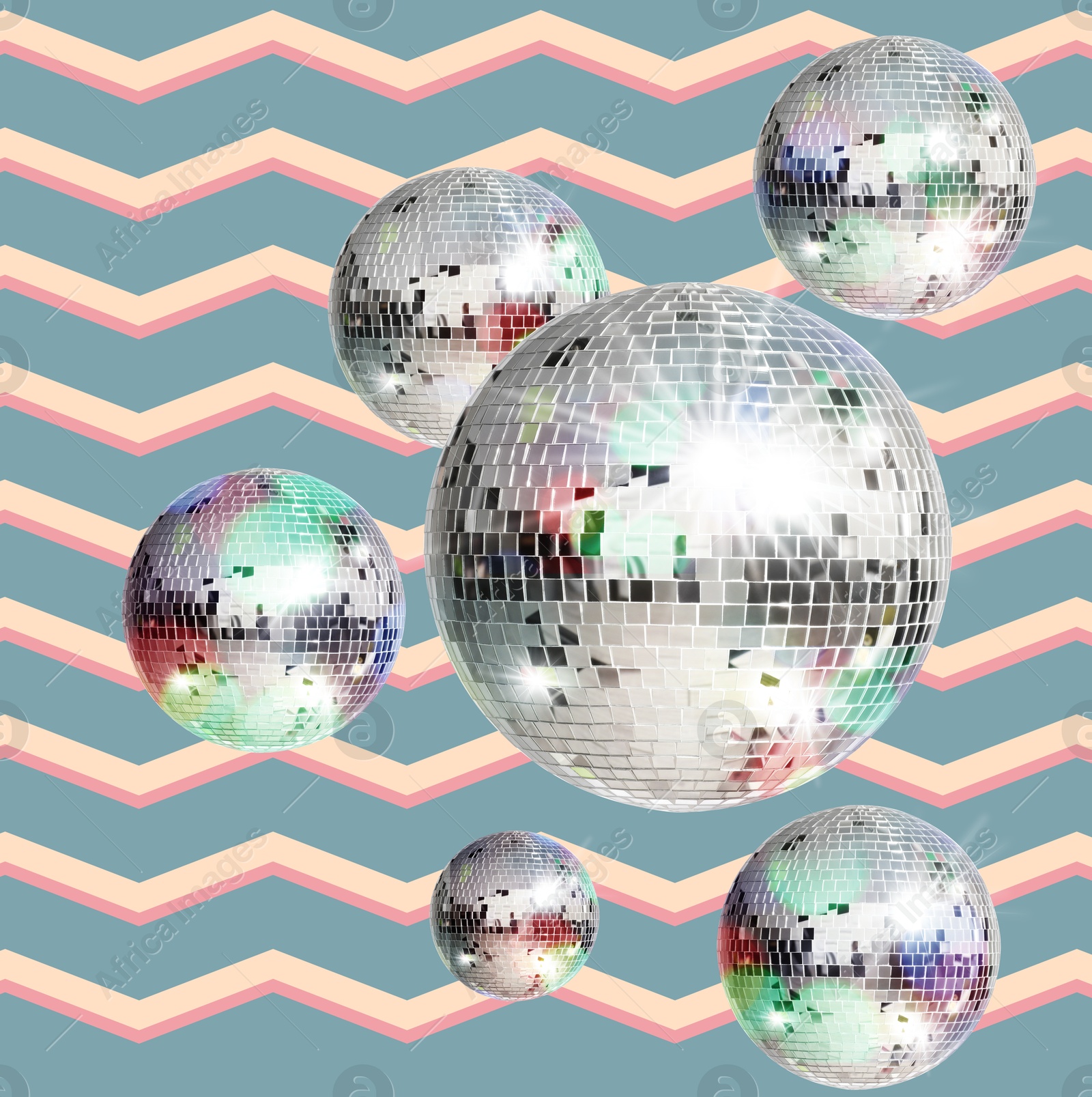 Shiny disco balls on color background, creative collage Image of Shiny disco balls on color background, creative collage
