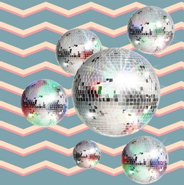 Image of Shiny disco balls on color background, creative collage