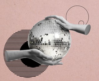 Image of Disco ball and human hands on color background, creative collage