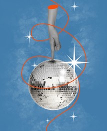 Image of Shiny disco ball and human hand on pastel blue background, creative collage