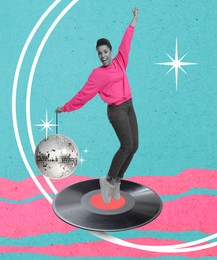 Image of Woman holding disco ball and dancing on vinyl record against bright background, creative collage