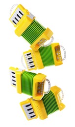 Image of Toy accordions in air on white background. Child's musical instrument