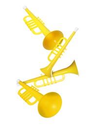 Image of Toy horns in air on white background. Child's musical instrument
