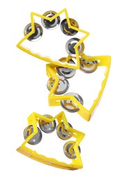 Image of Toy tambourines in air on white background. Child's musical instrument