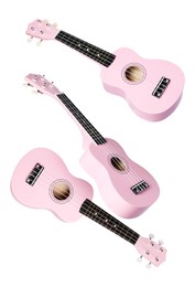 Image of Toy guitars in air on white background. Child's musical instrument