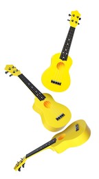 Image of Toy guitars in air on white background. Child's musical instrument