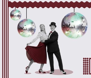 Image of Creative collage with disco balls and dancing mature couple