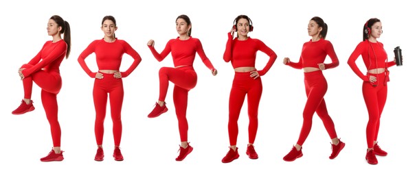 Image of Woman in red sportswear on white background, collage