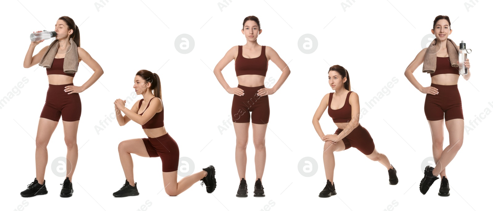 Woman in brown sportswear on white background, collage Image of Woman in brown sportswear on white background, collage