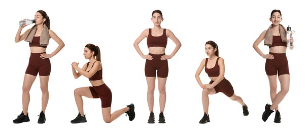 Image of Woman in brown sportswear on white background, collage