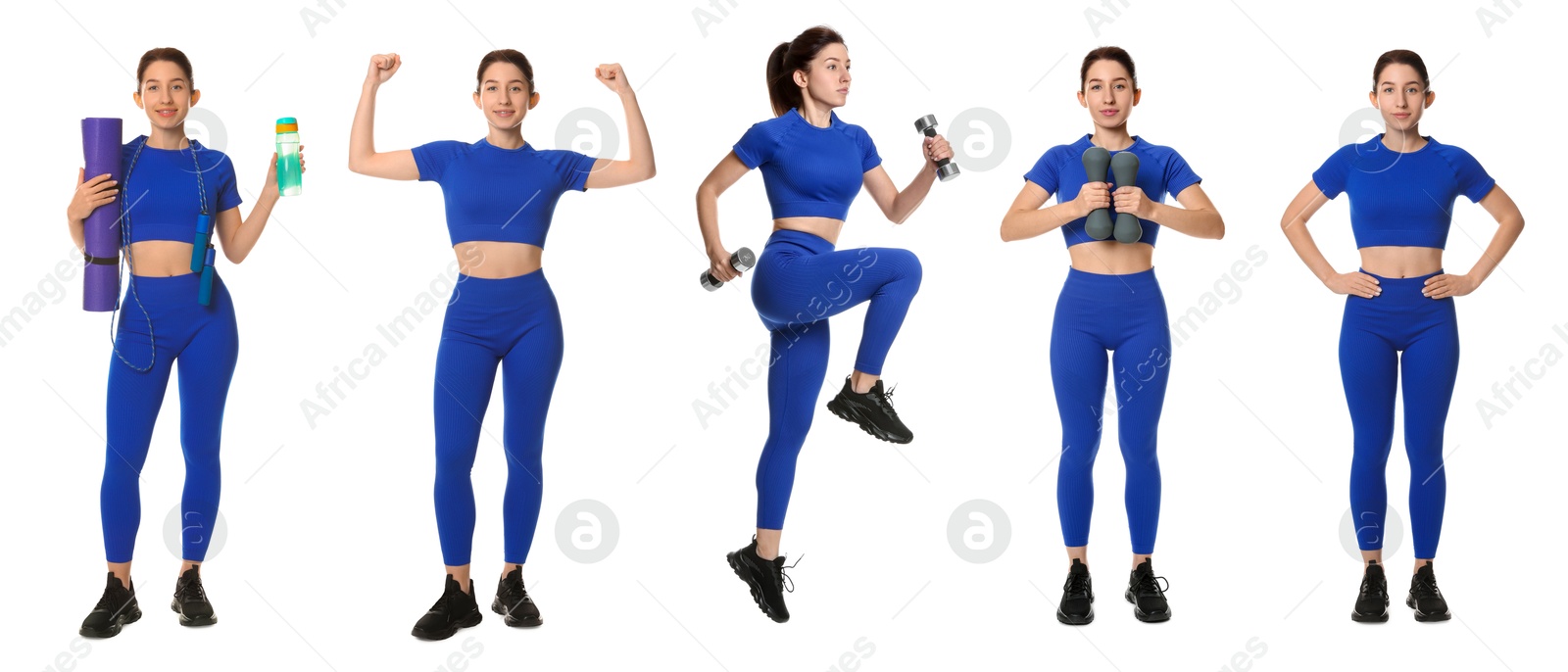 Woman in blue sportswear on white background, collage Image of Woman in blue sportswear on white background, collage
