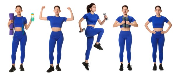Image of Woman in blue sportswear on white background, collage
