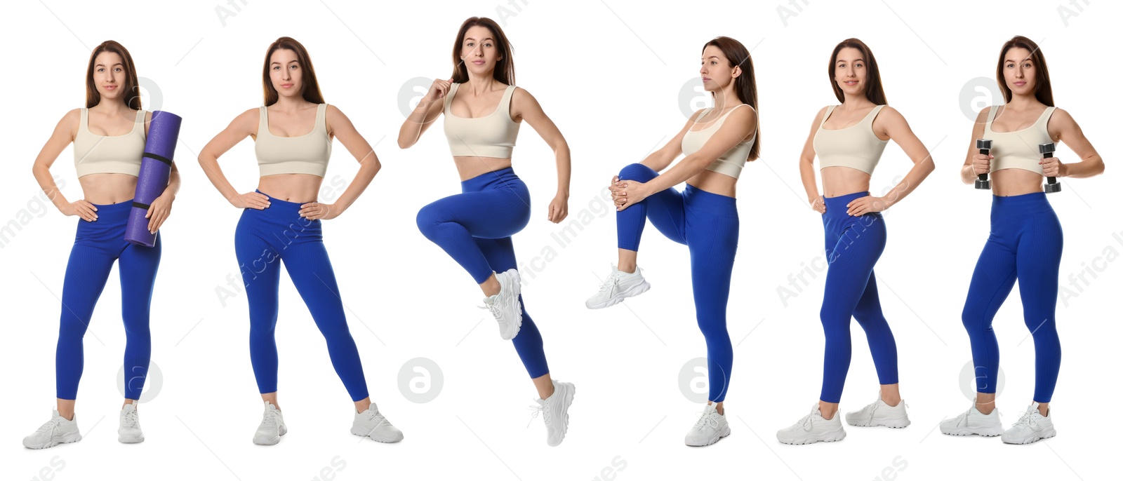 Woman in sportswear on white background, collage Image of Woman in sportswear on white background, collage