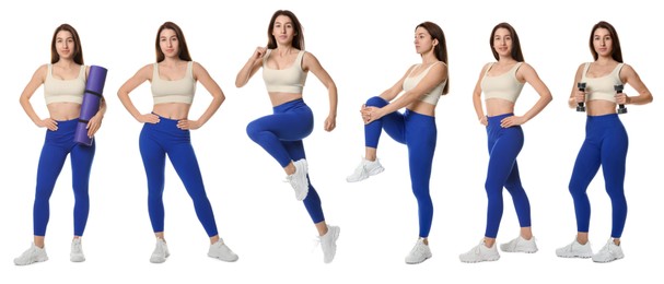 Image of Woman in sportswear on white background, collage