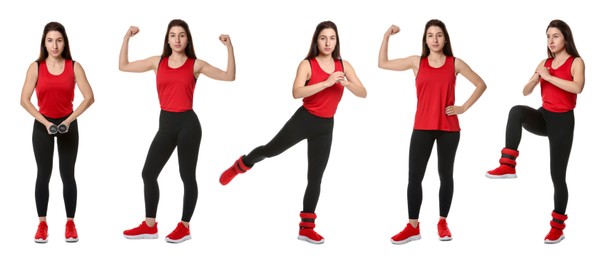 Image of Woman in sportswear on white background, collage