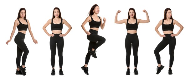 Image of Woman in black sportswear on white background, collage