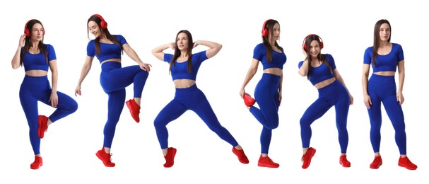 Image of Woman in blue sportswear on white background, collage