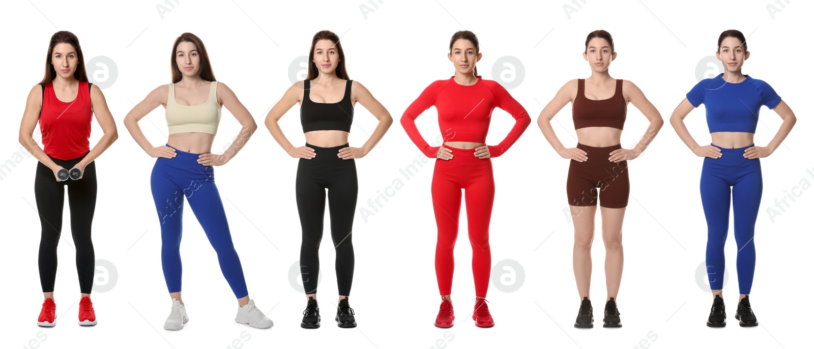 Woman in different sportswear on white background, collage Image of Woman in different sportswear on white background, collage