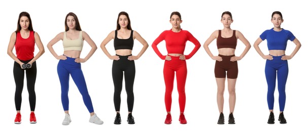 Image of Woman in different sportswear on white background, collage