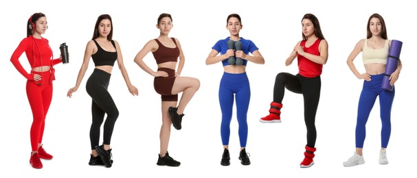 Image of Woman in different sportswear on white background, collage