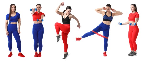 Image of Woman in different sportswear on white background, collage